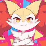 2020 absurd_res ambiguous_gender anthro blush braixen canid canine colorful_theme crossed_arms digital_media_(artwork) flong fur generation_6_pokemon half-length_portrait hi_res mammal nintendo pattern_background pokemon pokemon_(species) portrait shaded simple_background smile solo tuft