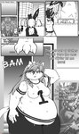 2018 absurd_res anthro belly big_belly big_breasts blake_sinclair bodily_fluids bottomwear breasts building clothing comic domestic_cat english_text felid feline felis female football_jersey grass group hand_behind_head hi_res if_hell_had_a_taste jolly_von_rabbit lagomorph leporid male mall mammal marci_hetson monochrome navel_outline nipple_outline notched_ear obese obese_anthro obese_female overweight overweight_anthro overweight_female pants plant rabbit scar shirt sign sweat sweatpants text topwear tree unknown_species viroveteruscy