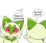 ambiguous_gender feral fur generation_9_pokemon green_body green_fur hi_res meme nintendo paper_airplane papercraft pokemon pokemon_(species) red_eyes sarent_stuff simple_background solo sprigatito text translated white_background