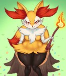 absurd_res anthro arm_tuft black_body black_fur blush braixen breasts cheek_tuft chest_tuft dipstick_tail eyelashes facial_tuft featureless_breasts female fire fur generation_6_pokemon grass hi_res holding_object holding_stick inner_ear_fluff kilih188 looking_at_viewer markings nintendo orange_eyes plant pokemon pokemon_(species) pupils red_body red_fur shoulder_tuft sitting slit_pupils small_breasts smile solo stick tail tail_markings thick_thighs tree_stump tuft white_body white_fur wide_hips yellow_body yellow_fur