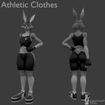 1:1 3d_(artwork) anthro athletic_wear black_clothing blender_(artwork) blender_cycles clothing digital_media_(artwork) front_and_back fur gin_(lagomorph_dude) green_eyes grey_background grey_body grey_fur hi_res lagomorph lagomorph_dude leporid looking_at_viewer male mammal rabbit rabbit_(lagomorph_dude) simple_background solo warfare_machine watermark