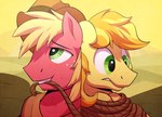 2013 ambiguous_gender big_macintosh_(mlp) blonde_mane bound braeburn_(mlp) braeburned cel_shading clothing cousins_(lore) cowboy_hat digital_drawing_(artwork) digital_media_(artwork) duo ears_back earth_pony equid equine eyebrows feral friendship_is_magic fur green_eyes hasbro hat headgear headwear horse male_(lore) mammal mane mouth_hold my_little_pony pivoted_ears plow_yoke pony red_body red_fur rope shaded smile snout startled teeth yellow_body yellow_fur