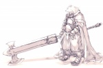 armor canid canine canis cloak clothing greatsword hi_res hitmaru hitomaru holding_melee_weapon holding_object holding_sword holding_weapon looking_away male mammal melee_weapon monochrome shadow simple_background slightly_chubby solo sword swordaxe warrior weapon white_background wolf