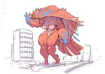 2020 anthro arthropod big_breasts blue_body blue_eyes breasts building conditional_dnp crustacean female jollyjack kaiju macro marine non-mammal_breasts patty_(jollyjack) red_body restricted_palette road skyscraper solo water