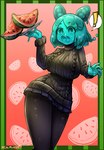 absurd_res big_breasts border breasts exclamation_point female food fruit glistening glistening_body goo_creature goo_humanoid green_body green_border green_eyes hi_res holding_food holding_fruit holding_melon holding_object holding_watermelon humanoid invei_(kurbii) melon morbidlycutecrunch not_furry open_mouth plant solo standing watermelon