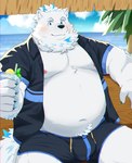 absurd_res anthro beach belly beverage blush bottomwear bulge canid canine canis clothing domestic_dog fur hi_res jacket lifewonders live_a_hero male mammal moobs navel nipples nordic_sled_dog overweight ruoain samoyed shorts solo spitz swimwear topwear white_body white_fur yohack