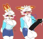 anthro aster_greentea balls balls_as_breasts big_balls big_penis black_penis blush bodily_fluids clothing flirting_look generation_8_pokemon genital_fluids genitals hi_res male meme nintendo penis pokemon pokemon_(species) precum scorbunny solaris_(btwalexhere) solo solo_focus sweat wardrobe_malfunction