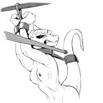 1:1 2020 absurd_res anthro bdsm bondage bound breasts collar cuff_(restraint) female hi_res horn inktober kobold metal_collar monochrome nipples nude raised_arms raised_tail restraints rope scalie shackles simple_background slave solo tail tail_bondage tail_tied vistamage