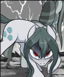 blue_eyes cave cloudy_quartz_(mlp) crouching cutie_mark daughter_(lore) duo ears_back electricity equid equine female feral friendship_is_magic frown fur grey_body grey_fur grey_hair hair hasbro hi_res horse lightning looking_at_viewer mammal marble_pie_(mlp) mother_(lore) mother_and_child_(lore) mother_and_daughter_(lore) multicolored_hair my_little_pony parent_(lore) parent_and_child_(lore) parent_and_daughter_(lore) pencils_(artist) pivoted_ears pony red_eyes rock scowl source_request two_tone_hair