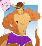 2021 anthro biceps biped brown_body brown_fur brown_hair bulge clothed clothing dangaroo digital_media_(artwork) drinking_potion english_text eyes_closed eyewear fur glasses hair hi_res juano kangaroo macropod male mammal marsupial muscular muscular_anthro muscular_male nipples partially_clothed pecs portrait potion purple_clothing purple_underwear simple_background solo standing tail text topless underwear underwear_only wearing_glasses