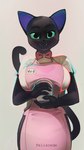 2021 9:16 anthro apron big_breasts black_body black_fur bow_tie breasts clothed clothing coffee_cup container cup cute_fangs digital_media_(artwork) domestic_cat felid feline felis feliscede female front_view fur green_eyes hi_res looking_at_viewer mammal name_tag shaded simple_background smile solo void_(feliscede) waiter waitress_uniform