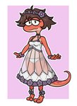 2024 2_toes amphibia_(series) amphibian anonymous_artist anthro bella_(amphibia) blush blush_lines brown_hair clothing disney dress feet female flower flower_crown hair hi_res newt plant red_body red_skin salamander short_hair solo toes translucent translucent_clothing translucent_dress