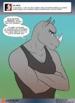 2018 anthro ask_blog clothing conditional_dnp dialogue digital_media_(artwork) english_text horn kadath male mammal muscular muscular_anthro muscular_male piercing pose rhinoceros solo speech_bubble text vince_(kadath)