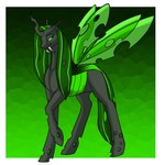 1:1 arthropod black_body border changeling fangs female feral foxenawolf friendship_is_magic goldfur's_cogsverse green_eyes green_hair hair hasbro hole_(anatomy) horn my_little_pony solo teeth unicorn_horn white_border