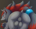 2018 absurd_res anthro anus backsack balls barely_visible_anus bent_over big_balls biped black_body black_fur blue_eyes butt canid canine claws fur generation_5_pokemon genitals grey_background grey_balls grey_perineum hair hi_res kuroodod long_hair looking_at_viewer looking_back male mammal nintendo perineum pokemon pokemon_(species) pose presenting presenting_hindquarters simple_background smile smirk solo teeth zoroark