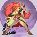 1:1 2024 absurd_res anthro arc_system_works baiken barefoot big_breasts biped breasts brown_body brown_fur canid canine clothed clothing digital_drawing_(artwork) digital_media_(artwork) feet female fox fully_clothed fur guilty_gear hair hi_res mammal melee_weapon purple_background red_hair simple_background solo standing swiwwel sword sword_in_mouth weapon