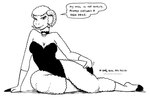 2022 anthro bell bell_collar black_and_white bovid breasts caprine cleavage clothed clothing collar dialogue english_text female fur hooves horn lana_lynne leotard mammal monochrome one_piece_suit sheep sitting solo tegerio text wool_(fur)