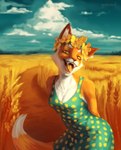 anthro black_nose canid canine clothing cloud countershade_face countershade_torso countershading detailed_background digital_media_(artwork) digital_painting_(artwork) dipstick_tail dress female field flower flower_crown fox fur fur_markings green_clothing green_dress hands_behind_back hi_res inner_ear_fluff mammal markings open_mouth open_smile orange_body orange_fur plant prick_ears pupils resting shaded sky slit_pupils smile soft_shading solo tail tail_markings tongue tuft watermark white_markings yellow_eyes yellow_tongue yudvacof