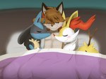 2017 4:3 anthro bedding blanket blue_body braixen branch canid canine eyewear eyewear_only feral fox generation_4_pokemon generation_6_pokemon glasses glasses_only group hi_res humanoid inner_ear_fluff lucario male mammal nintendo nude pokemon pokemon_(species) rex_kitsune sleeping spikes spikes_(anatomy) trio tuft wearing_glasses winick-lim yellow_body