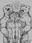 2019 anthro bear bottomwear canid canine canis clothed clothing collar dialogue domestic_dog dominant dominant_male electronics english_text group hand_on_belly headphones hi_res hypnosis k-9 larger_male male male/male mammal mind_control nipples ringed_eyes shorts size_difference sketch smaller_male speech_bubble submissive submissive_male text tongue tongue_out topless