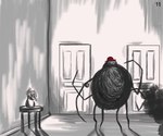 8_legs ambiguous_gender anthro arachnid arthropod black_body black_fur clothing detailed_background door fur hat headgear headwear hi_res mr._spider solo spider the_magnus_archives twistyblitzy