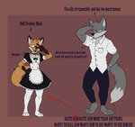 2024 anthro barefoot biped canid canine canis clothed clothing digital_drawing_(artwork) digital_media_(artwork) dipstick_tail duo english_text feet femboy fully_clothed fur gloves_(marking) grey_body grey_fur hi_res looking_at_another maid_uniform male mammal markings open_mouth open_smile orange_body orange_fur simple_background smile standing suitedwolfie tail tail_markings text uniform wolf