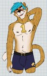 2024 anthro armpit_hair banjo-kazooie banjo-kazooie:_nuts_&_bolts biped black_claws black_eyebrows blue_clothing blue_eyes blue_underwear body_hair boxers_(clothing) brown_nipples checkered checkered_background cheetah claws clothed clothing digital_drawing_(artwork) digital_media_(artwork) eyebrows felid feline fur hair hand_behind_neck happy_trail hi_res jewelry long_tail male male_anthro mammal markings multicolored_body navel necklace nipples one_eye_closed orange_body orange_fur orange_inner_ear partially_clothed partially_clothed_male pattern_background portrait rareware simple_background slim solo spots spotted_body spotted_markings spotted_tail standing tail tail_markings tan_body tan_fur three-quarter_portrait trophy_thomas turquoise_hair underwear unsafescapewolf whiskers white_background white_sclera