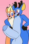 animal_crossing anthro antlers arm_around_shoulders balls bam_(animal_crossing) beau_(animal_crossing) big_balls big_penis blue_body blue_eyes blue_fur blush deer duo fur genitals horn huge_balls huge_penis hyper hyper_balls hyper_genitalia hyper_penis looking_at_genitalia looking_at_penis male male/male mammal mr_rottson nintendo nude open_mouth orange_body orange_fur penis presenting red_eyes tail