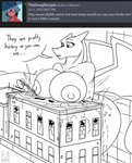 2020 anthro ask_blog big_breasts black_and_white breast_rest breast_squish breasts breasts_on_building building chari-gal charizard city destruction dialogue digital_drawing_(artwork) digital_media_(artwork) english_text fan_character female generation_1_pokemon hi_res horn macro monochrome nintendo nipples nude pokemon pokemon_(species) sketch solo speech_bubble squish tacticalfur text wings