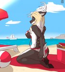 2018 anthro antlers apoetofthefall beach bedroom_eyes big_breasts big_butt bikini blonde_hair boat breast_grab breasts brown_body brown_fur butt clothing cloud danish_flag danish_flag_bikini day deer digital_media_(artwork) female flag_bikini food fur hair hand_on_breast hand_on_butt hi_res horn kneeling looking_at_viewer looking_back mammal meat narrowed_eyes new_world_deer outside public reindeer sand sausage seaside seductive side_boob solo string_bikini swimwear thick_thighs towel two-piece_swimsuit untied_bikini vehicle water watercraft