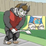 1:1 2020 anthro athletic_wear black_clothing black_hoodie black_sweatpants black_topwear bodily_fluids cel_shading charr claws clenched_teeth clothed clothing cutaway desperation detailed_background diaper diaper_only diaperedshaman digital_drawing_(artwork) digital_media_(artwork) disney embarrassed felid finger_claws fully_clothed fur genital_fluids green_eyes grey_stripes guild_wars holding_crotch hoodie horn incontinence leaking_diaper leaning leaning_forward male mammal monsters_inc omorashi pants_wetting pixar pull-ups_(diaper) red_clothing red_hoodie red_topwear shaded sidewalk signature solo stripes sulley teeth toe_claws topless topwear unclean_diaper urine urine_on_ground urine_on_self used_diaper wearing_diaper wet wet_clothing wet_diaper wetting wetting_diaper white_body white_fur wulfric_blackthorne