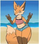 4_fingers anthro beach big_tail blue_bottomwear blue_clothing blue_pants blue_sky bottomwear brown_nose canid canine clothed clothing crop_top dipstick_tail double_v_sign ear_tuft eyebrows eyelashes female fingers fox fur gesture hand_gesture handpaw hi_res hotpants mammal markings midriff navel neck_tuft orange_body orange_fur outside pants paws pink_clothing pink_topwear pockets sand seaside shirt shorts sky smile solo tail tail_markings thick_thighs tongue tongue_out topwear trisha_fox_(zzx) tuft v_sign yellow_eyes zzx