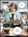 anthro ashlyn_(coffeesoda) aycee ben_(roanoak) beverage brown_hair canid canine canis clothed clothing coffee comic dialogue english_text female female_anthro group hair hi_res male mammal maned_wolf necktie red_eyes solo_focus text url wolf