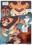 angry anthro arctic_fox arm_grab canid canine close-up comic convenient_censorship dialogue duo english_text fangs felid fire flashback fox fur grey_hair hair hi_res hot_spring kotaro_(leobo) leobo male mammal muscular muscular_anthro muscular_male night nipples nude pantherine pecs profanity red_eyes red_hair striped_body striped_fur stripes teeth text threatening tiger true_fox water white_body white_fur zenko_(leobo)