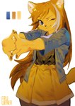 2018 absurd_res anthro aruurara black_nose blue_eyes bottomwear brown_hair canid canine clothing female fur hair hi_res highlights_(coloring) jacket kemono looking_at_viewer mammal one_eye_closed restricted_palette sakura_(aruurara) simple_background sketch skirt solo stretching tan_body tan_fur topwear white_background white_hair