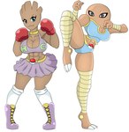 anthro big_breasts blue_eyes bottomwear breasts brown_body clothing collar crossgender duo female footwear generation_1_pokemon gloves grey_eyes handwear hi_res hitmonchan hitmonlee mouthless muscular muscular_female nintendo pokeball pokemon pokemon_(species) shirt shoes shorts simple_background skirt socks topwear urusee584 white_background