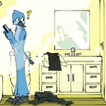 1:1 2022 anthro avian bathroom beak bird blue_body blue_feathers blue_jay butt cartoon_network cellphone comic confusion corvid digital_media_(artwork) electronics feathers jay_(bird) male male_anthro mirror mordecai_(regular_show) new_world_jay nude nude_anthro nude_male oscine passerine pb-art phone regular_show smartphone solo