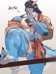 absurd_res animal_genitalia anothereidos_of_dragon_vein_r anthro anus arm_tuft blue_body blue_hair blue_scales blush body_hair bottomwear chest_hair claws clothed clothing coat dragon elbow_tuft facial_hair feet finger_claws flashing_penis folker_(anothereidos_r) foot_focus genital_slit genitals goatee hair hi_res horn loincloth male muscular muscular_male mythological_creature mythological_scalie mythology nipples open_clothing open_coat open_topwear pecs precum_on_slit raised_leg red_eyes scales scalie shush sideburns solo tail_hair toe_claws topwear tuft zhengshizi