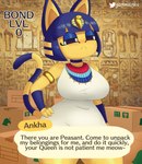 2021 absurd_res animal_crossing ankha_(animal_crossing) anthro big_breasts breasts clothed clothing dialogue digital_media_(artwork) domestic_cat egyptian english_text felid feline felis female frown fully_clothed gammainks hand_on_hip header header_box hi_res looking_at_viewer mammal nintendo solo text text_header thick_thighs wide_hips