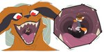 ambiguous_gender anthro bodily_fluids canid canine cardigan duo extreme_size_difference fox fur holding_uvula imminent_vore inside_mouth kurama larger_male lecigzz looking_down male male/ambiguous male_pred mammal micro mouth_shot naruto open_mouth orange_body orange_fur red_eyes saliva sharp_teeth size_difference teeth uvula vore