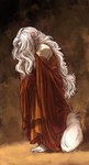 absurd_res ambiguous_species anthro barefoot clothing feet female fluffy fluffy_tail hair hand_on_face hi_res hidden_face long_hair marcie_montis mirah_(marcie_montis) revealed_shoulder sad solo tail toga white_hair