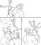 2023 5_fingers anthro anthro_on_anthro antlers bernielover bernielover's_college_au blush bovid caprine clothed clothing comic deer devon_(bernielover) dialogue duo english_text eyes_closed fingers fur hand_on_neck hand_on_shoulder hi_res horn humanoid_hands kiss_on_lips kissing male male/male mammal markings monochrome muscular muscular_anthro muscular_male shirt smile speech_bubble spots spotted_body spotted_fur text topwear whitney_(bernielover)