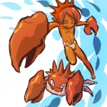 1:1 abs arthropod barefoot bulge cel_shading claws clothed clothing cosplay crustacean duo feet feral generation_1_pokemon hair hitec human kingler male mammal marine nintendo nude orange_body orange_skin pincers pokemon pokemon_(species) red_eyes red_hair shaded short_hair skimpy smile toony topless