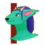 1:1 anthro bovid bust_portrait caprine ear_piercing everything_goats fur goat gob_the_goat green_body hair horn male mammal piercing portrait purple_hair simple_background smile solo