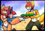 amuzoreh anthro beach bikini canid canine clothing colored crayon_colored detailed_background duo female fox kai_the_fox male mammal outside playing sand seaside sky spraying swimming_trunks swimwear toy toy_gun two-piece_swimsuit water water_gun yori