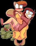 alpha_channel animatedjames anthro archived_source blush bottomwear breasts brown_body brown_fur brown_hair carrying_another clothing dress duo embarrassed fart fart_cloud female fluffy fluffy_tail fur hair human mammal red_hair rodent sciurid sherry_(animatedjames) shirt shorts tail tami_(animatedjames) topwear tree_squirrel yellow_clothing yellow_dress