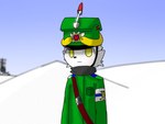 4:3 arctic_fox belt borka_artist canid canine cannon clothing fox fur green_clothing greenland grey_scarf male mammal radar ranged_weapon red_belt red_star scarf snowfield solo true_fox weapon white_body white_face white_fur yellow_eyes