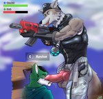 absurd_res animal_genitalia animal_penis anthro balls belt blep bodily_fluids bottomwear brown_body brown_fur butt canid canine canine_genitalia canine_penis canis clothed clothing digital_media_(artwork) duo ear_piercing ear_ring epic_games erection fingerless_gloves fingers fortnite fur genital_fluids genitals gloves hair handwear hat headgear headwear hi_res knot male male/male mammal open_belt open_mouth penile penis piercing precum ring_piercing simple_background smile text tongue tongue_out topwear weapon wendell_(fortnite) white_body white_fur wolf zachary_aethern zachsroom