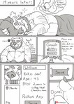 2023 anthro bear beard bed bedding belly bodily_fluids comic dating_app dialogue ellipsis english_text erection_under_blanket facial_hair foreskin furniture genital_fluids genitals greyscale hairy hi_res male mammal mature_male monochrome nipples overweight overweight_male penis pillow plaguedobsession precum profanity scruffy sleeping smile solo sound_effects text time_skip vowelless vowelless_sound_effect william_(plaguedobsession) zzz