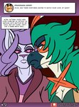 alolan_form alolan_ninetales anthro clothed clothing decidueye duo english_text female generation_7_pokemon glare green_hair hair looking_at_viewer nintendo nora_the_alolan_ninetales olive_the_decidueye orange_eyes pokemon pokemon_(species) purple_eyes regional_form_(pokemon) sketchybug text